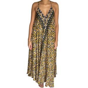 Ben & Lisa Maxi Sun Dress Kaftan Size L Silk Floral Sleeveless Flowy Trapeze